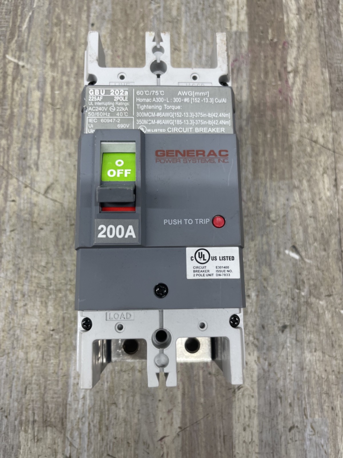NEW GENERAC CB 200A 2Pole 240V 225AF 0K0133 gbu202b