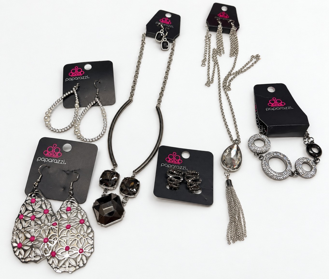 Paparazzi Black Silver Jewelry Bundle 2 Necklace Sets 3 Extra Earrings Bracelet