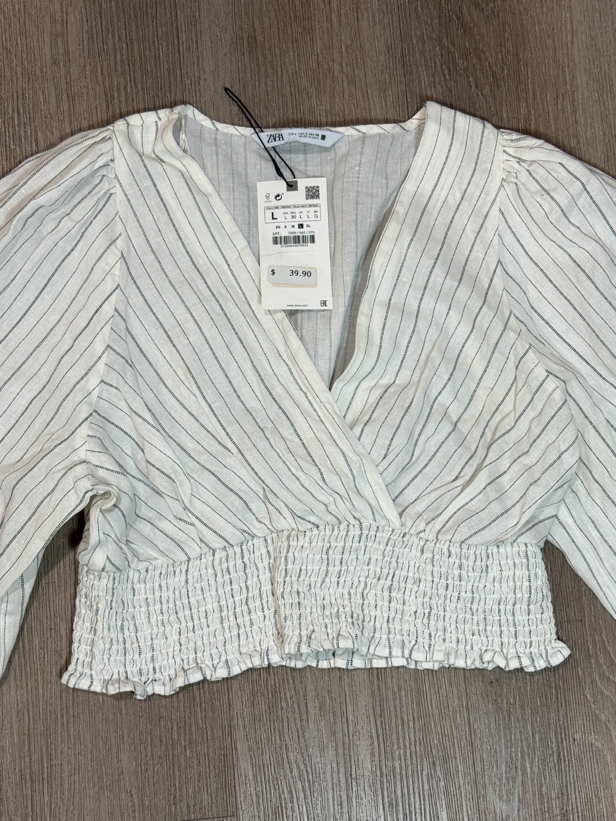 Zara Women\'s L NWT Ivory Pinstripe Crop Top Smocked Waist Wrap Front Blouse