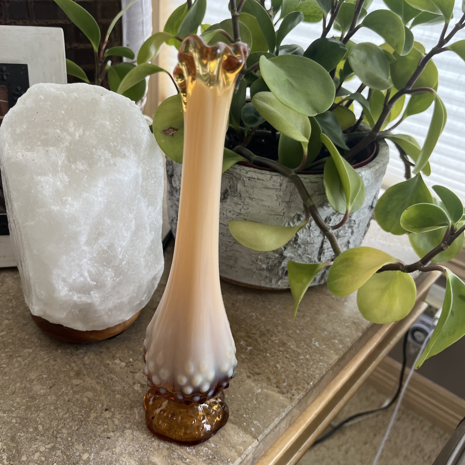Vintage Fenton Opalescent Hobnail Cameo Lilly of the Valley Bud Vase Excellent