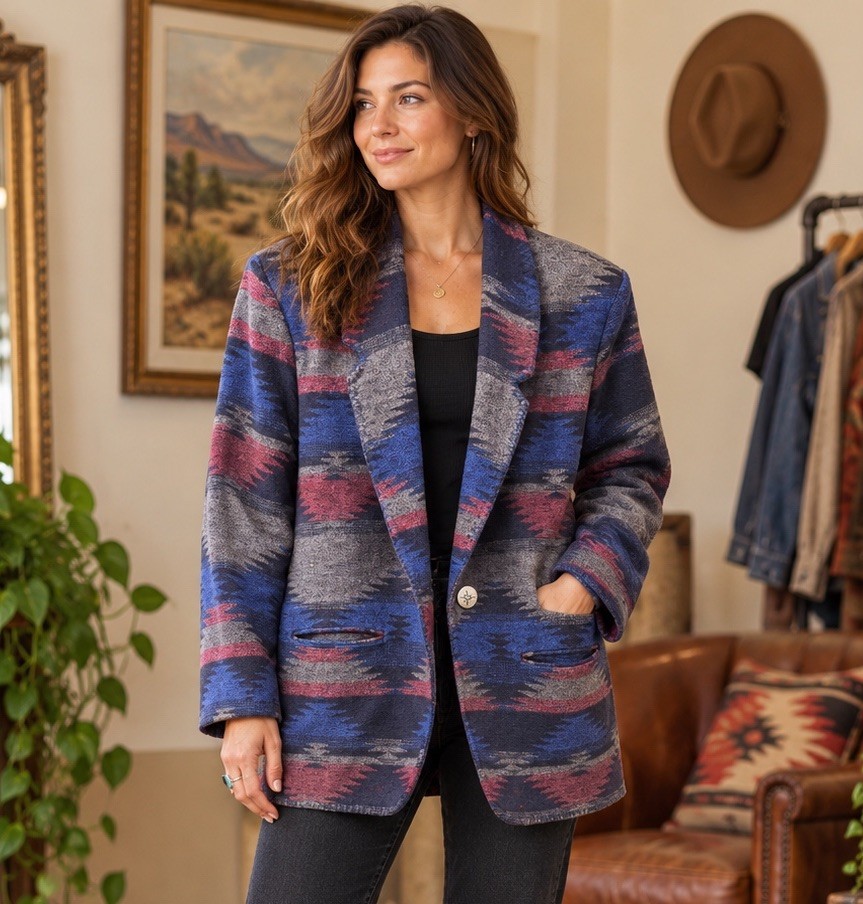 Vintage David Paul XL Southwestern Aztec Blazer Jacket Made USA Boho Western