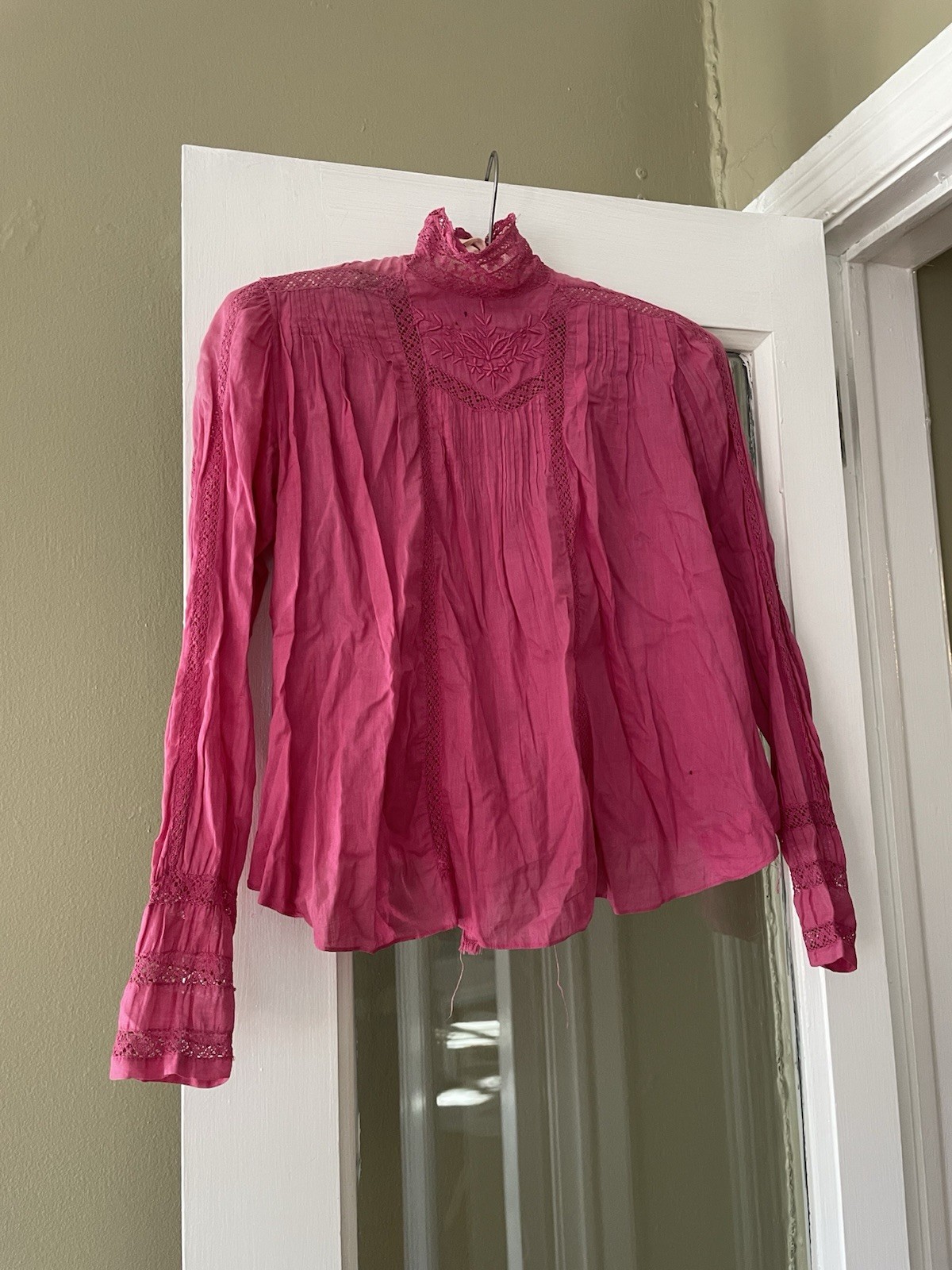 Women’s Antique Edwardian Hot Pink Dyed Cotton Blouse Size XS AS IS Wearable