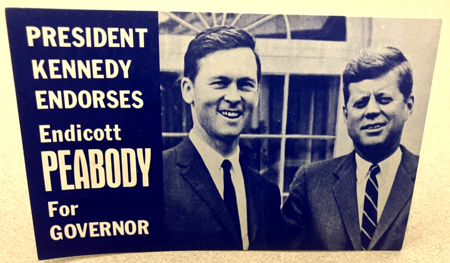 Vintage 1962 JFK+Endicott Peabody for Massachusetts Governor Campaign Palm Card. Vintage 1962 JFK+Endicott Peabody for Massachusetts Governor Campaign Palm Card.
