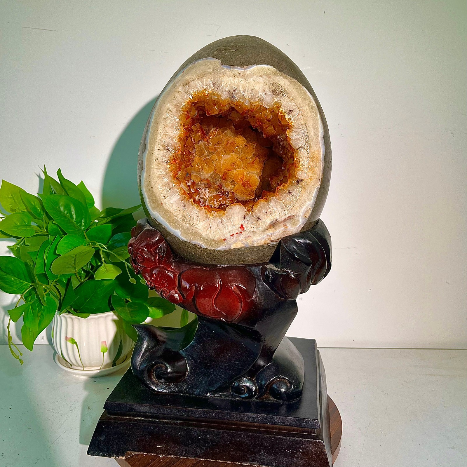 30.42LB High quality rare yellow crystal dragon egg cave crystal decoration+base