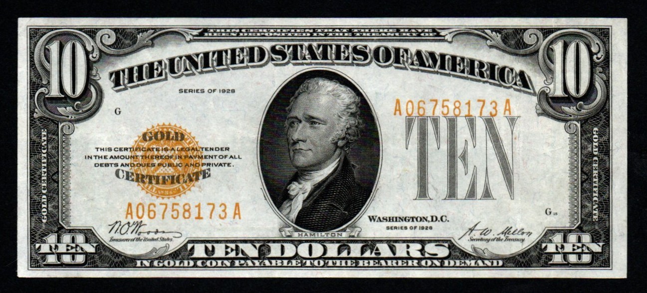 1928 $10 Minor Misalignment ERROR Beautiful AU+ GOLD CERTIFICATE