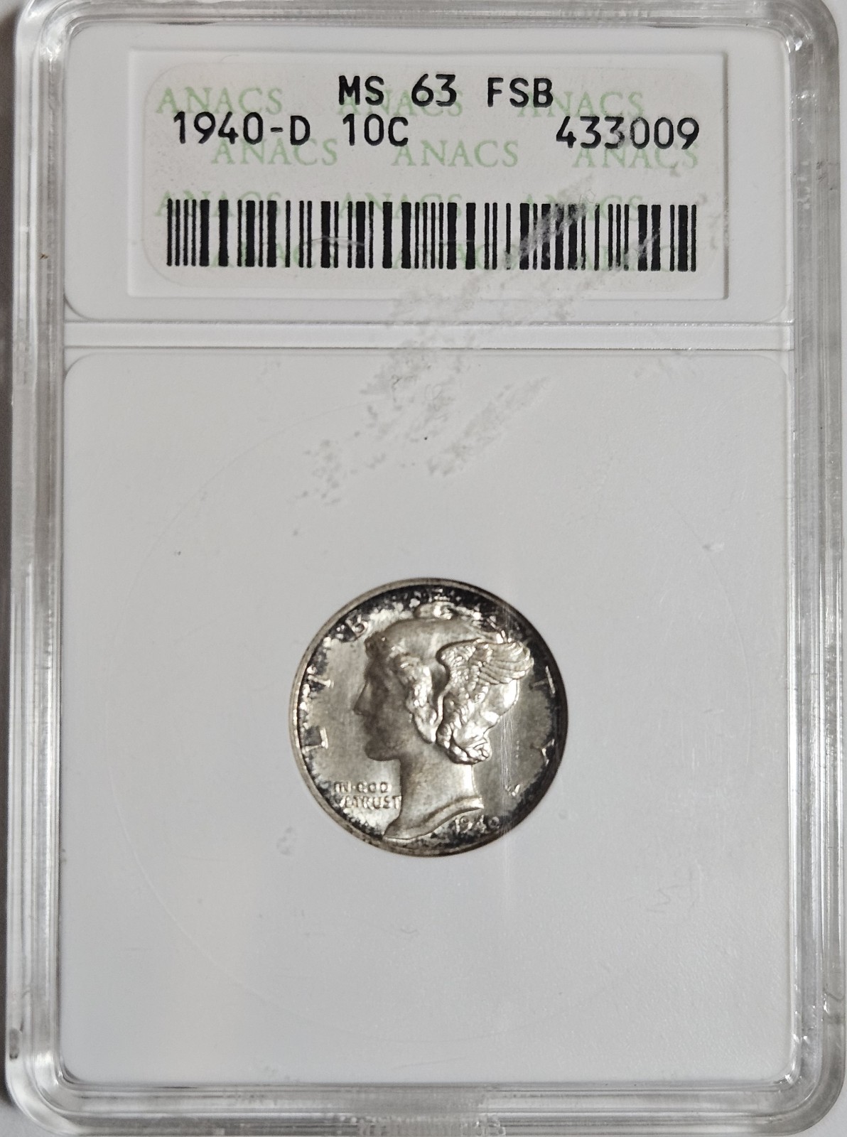 1940-D Mercury Dime In Old ANACS SOAPBOX MS63 FSB - Black Rim Toning 1940-D Mercury Dime In Old ANACS SOAPBOX MS63 FSB - Black Rim Toning