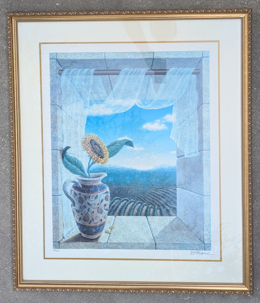 Dina Farris Appel Sunflower w Majolica Pitcher Lithograph 2005 with COA Framed