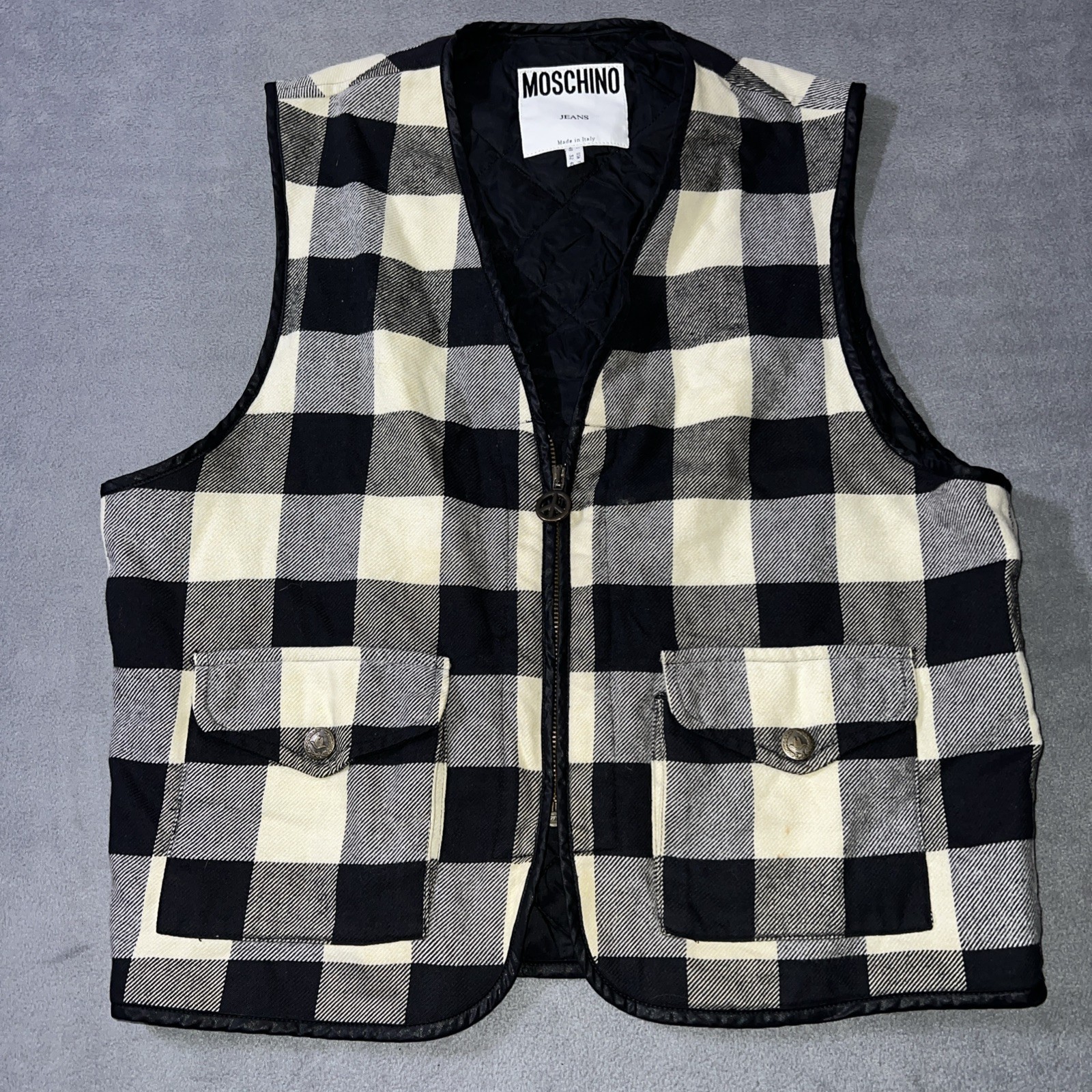 Vintage 90s Moschino Jeans Women\'s Black/WhitePlaid Vest Sz 32 Made Italy