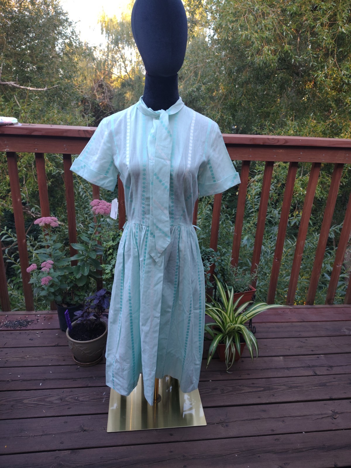 Vintage 1950s Seafoam Green A-Line Dress, Tie Collar, sz 4-6 (item A43)