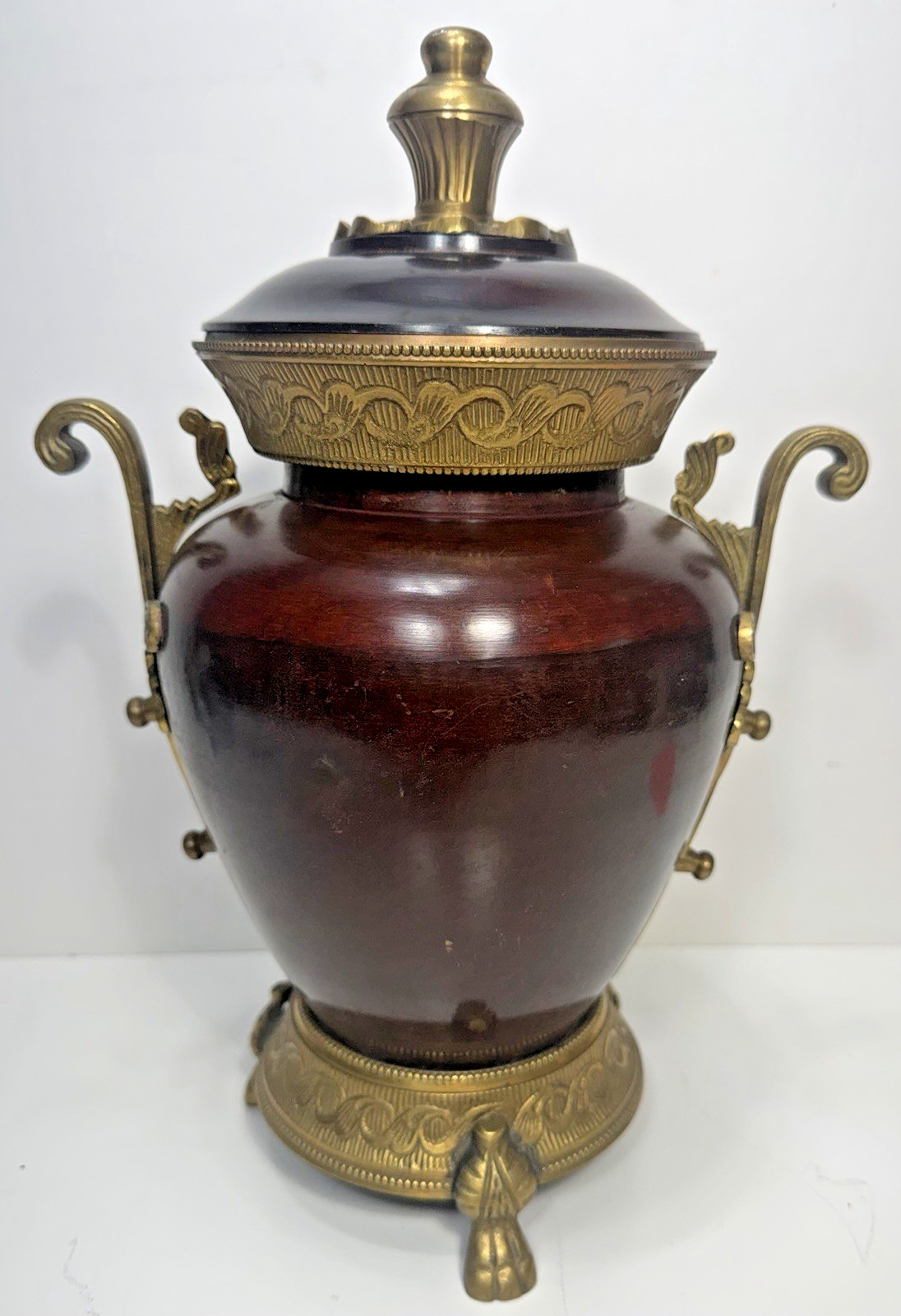 Beautiful Mahogany Colored Urn with Ornate Brass Handles, Top & Base 13\