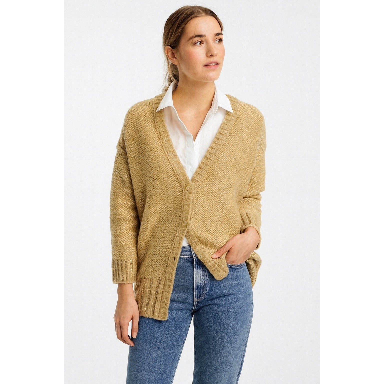 Maeve Anthropologie NWT Sequin Trim Layered Cardigan Sweater Tan Gold Large Maeve Anthropologie NWT Sequin Trim Layered Cardigan Sweater Tan Gold Large