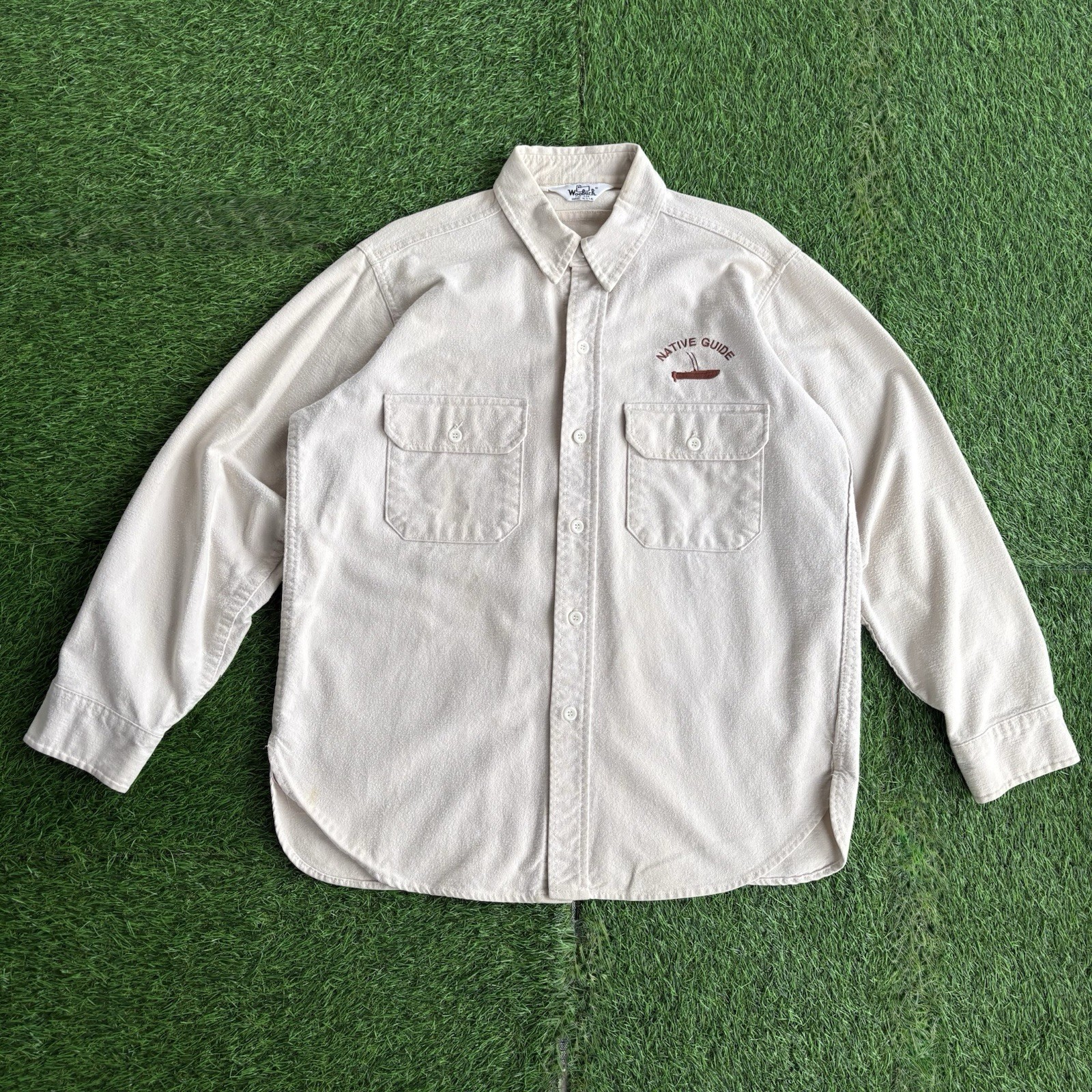 Vintage 70s Woolrich Chamois Flannel Button Up Shirt Men’s L Beige Made In USA 