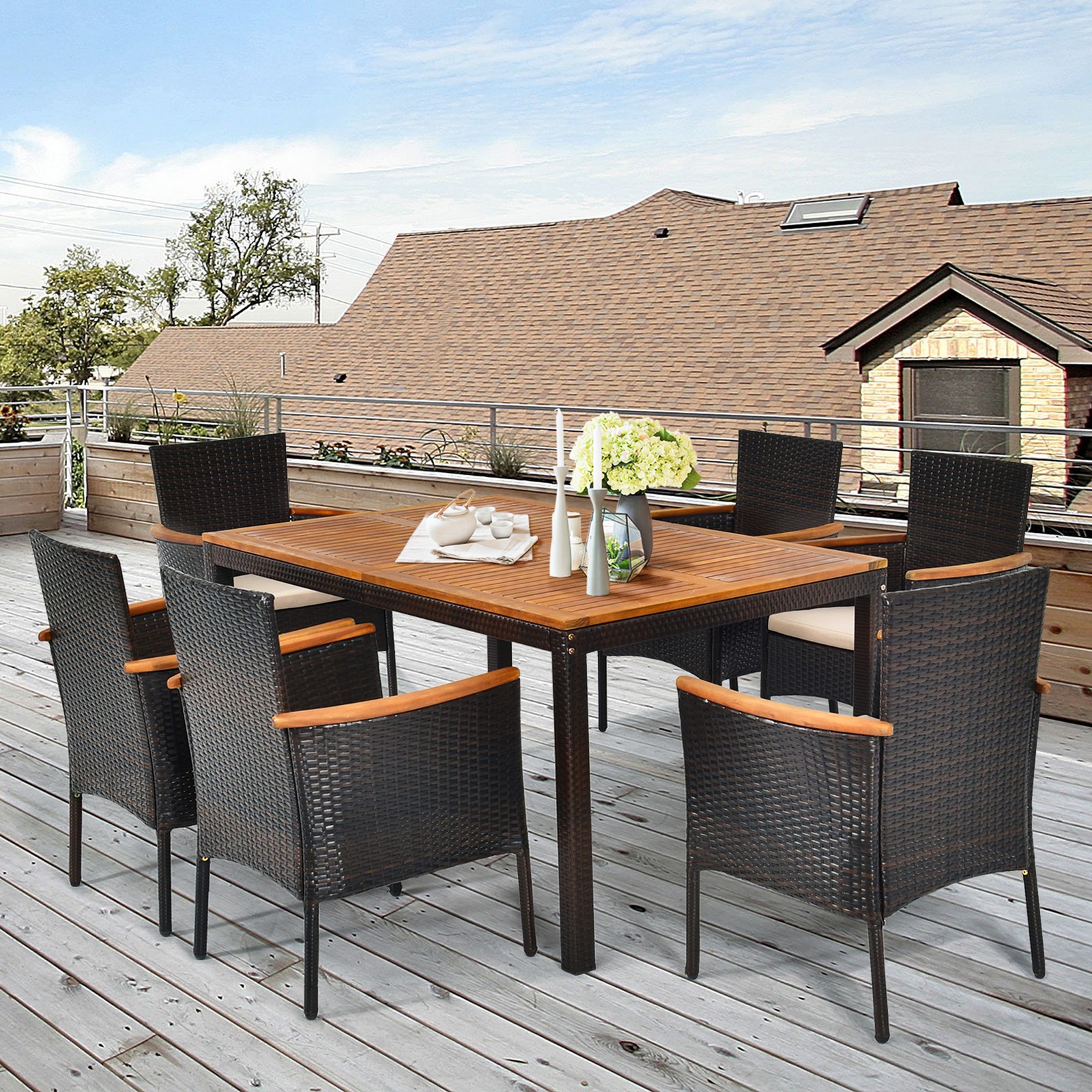 7PCS Rattan Outdoor Dining Set Patio Furniture Set w/ Cushions Umbrella Hole 7PCS Rattan Outdoor Dining Set Patio Furniture Set w/ Cushions Umbrella Hole