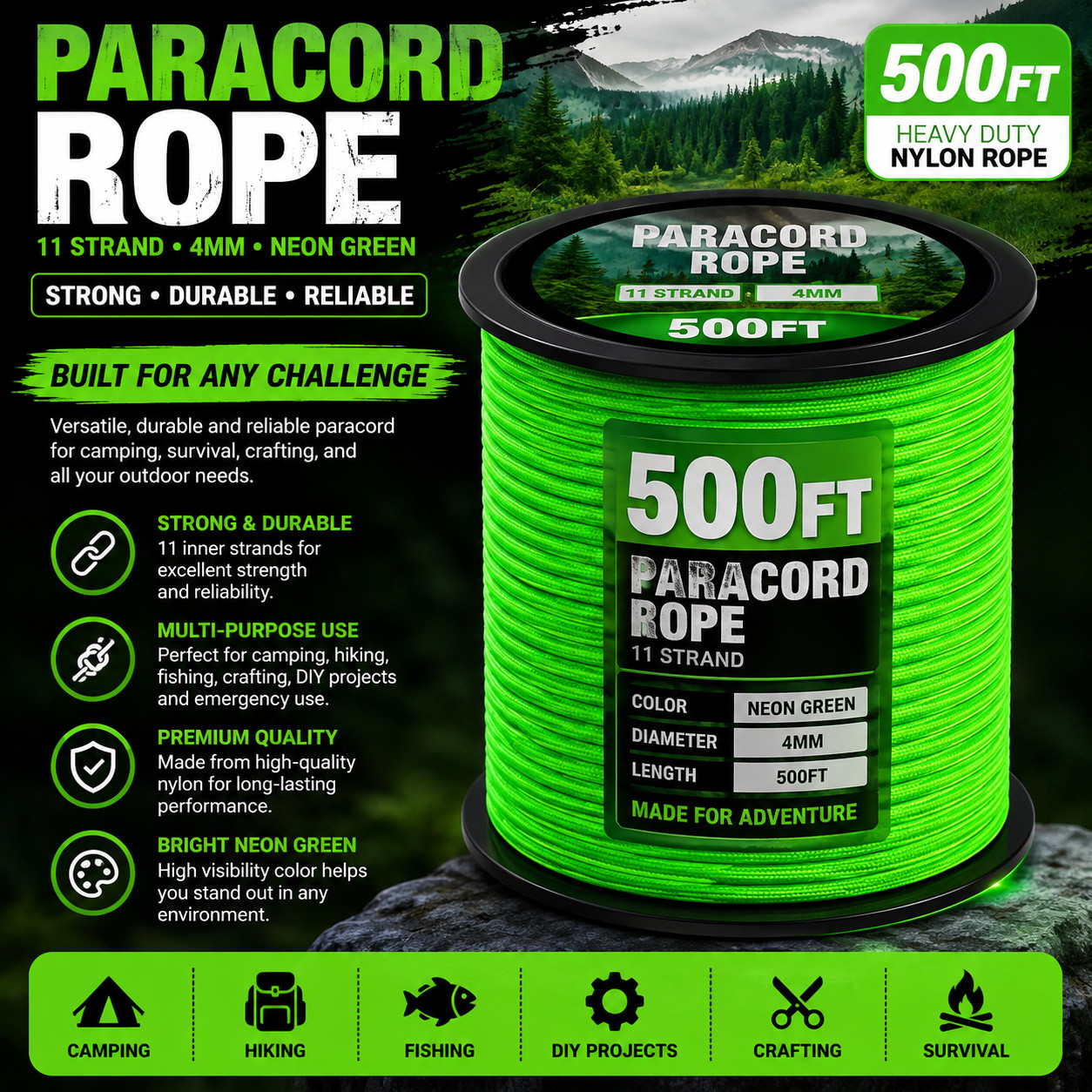 Paracord Rope 750 - Parachute Para Cord 4Mm 11 Strand Spool Rope Utility Nylon S
