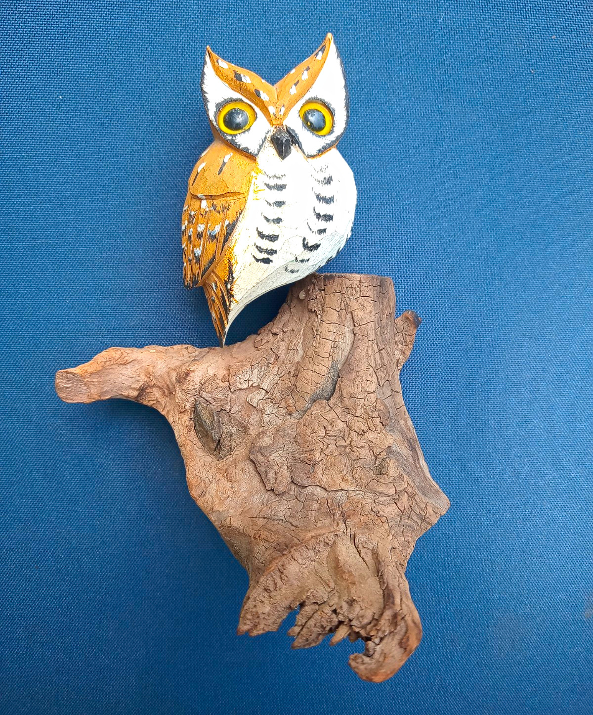 Vintage Hand Painted Carved Wood Owl Sculpture on Natural Driftwood Base 