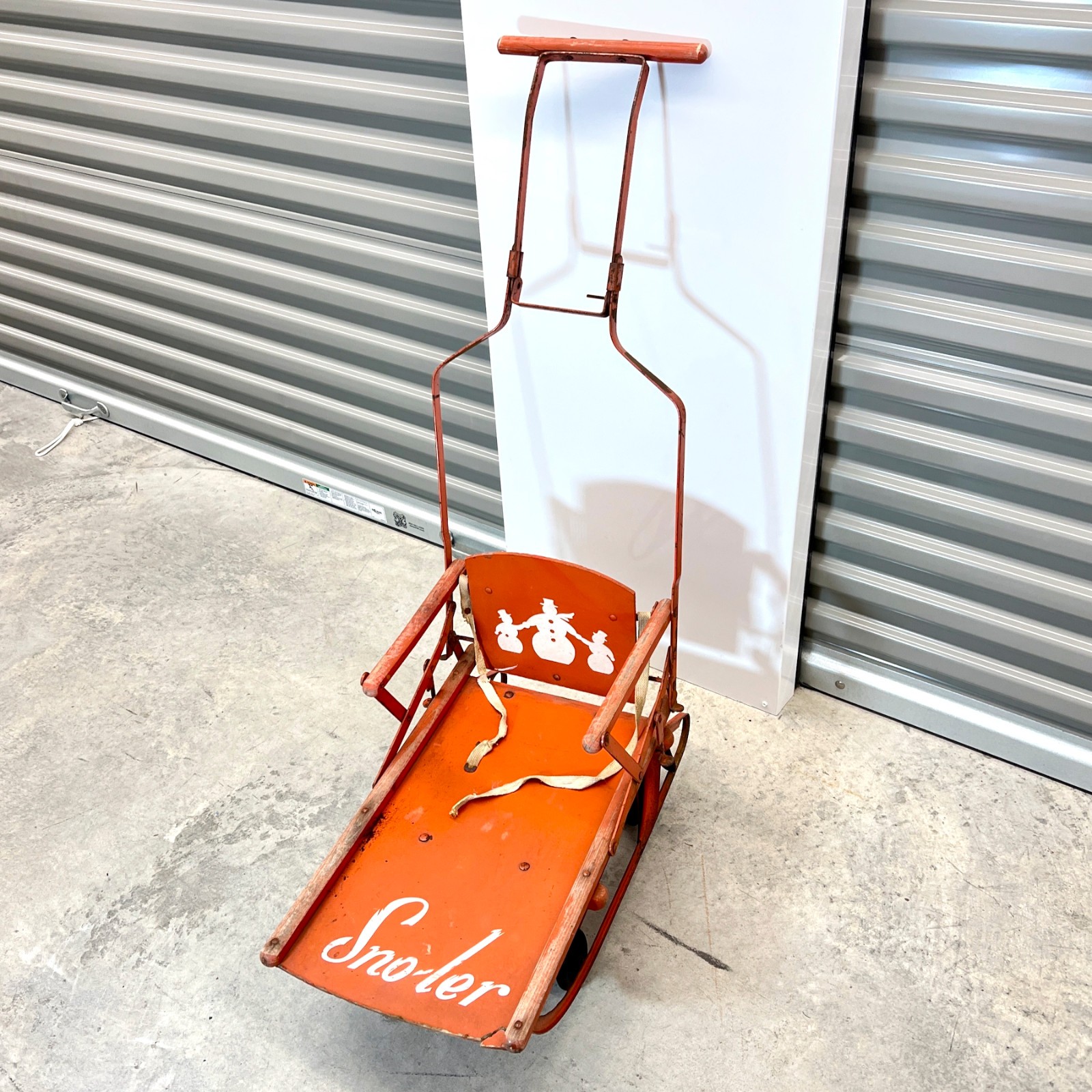 Vintage 1940s - 50s SNO-LER Childs Folding Snow Sled Push Stroller Snowman Decal Vintage 1940s - 50s SNO-LER Childs Folding Snow Sled Push Stroller Snowman Decal