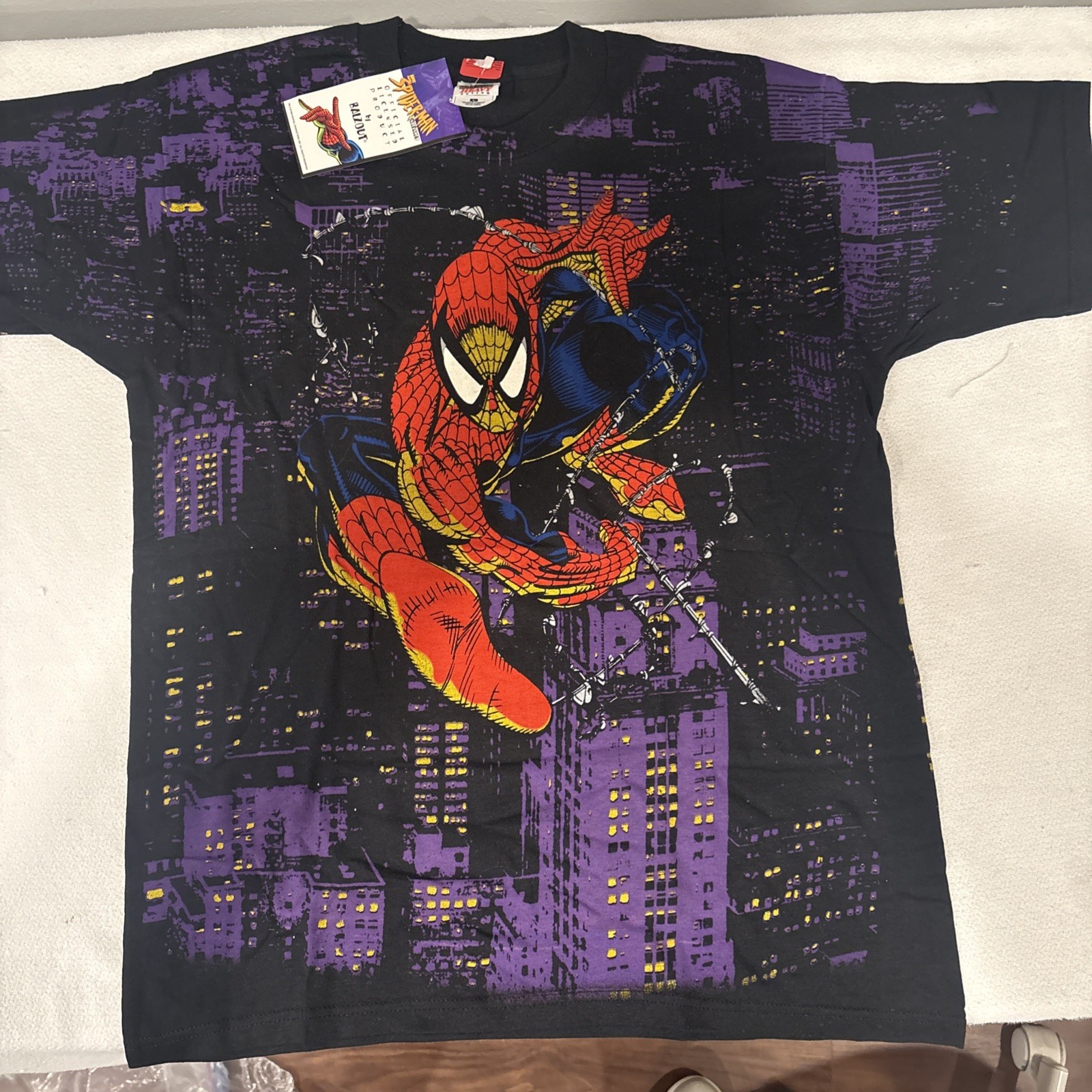 Vintage Rare 1998 Spider Man AOP Balzout T Web Slinger City Scape L NOS #106