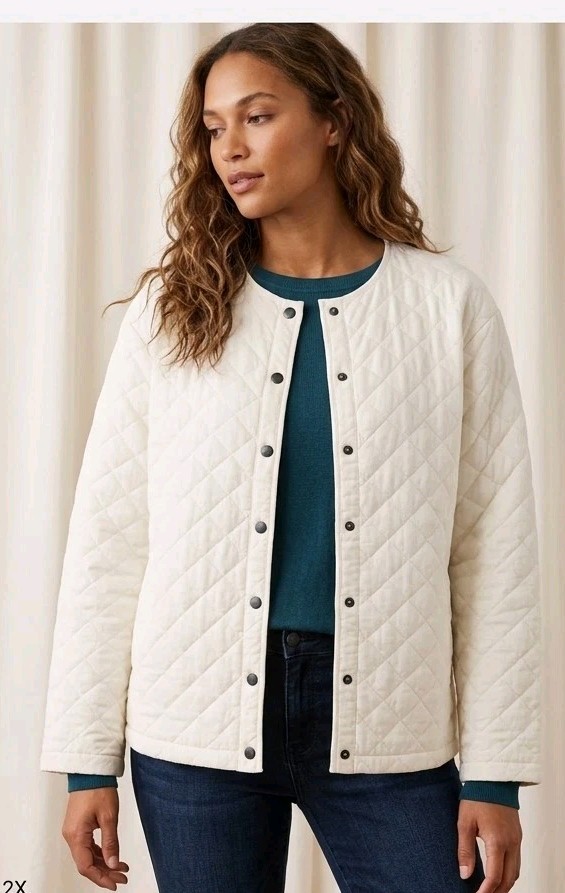 Tanzara Women\'s Plus 3X White Quilted Snap Front Jacket Relaxed Fit Short