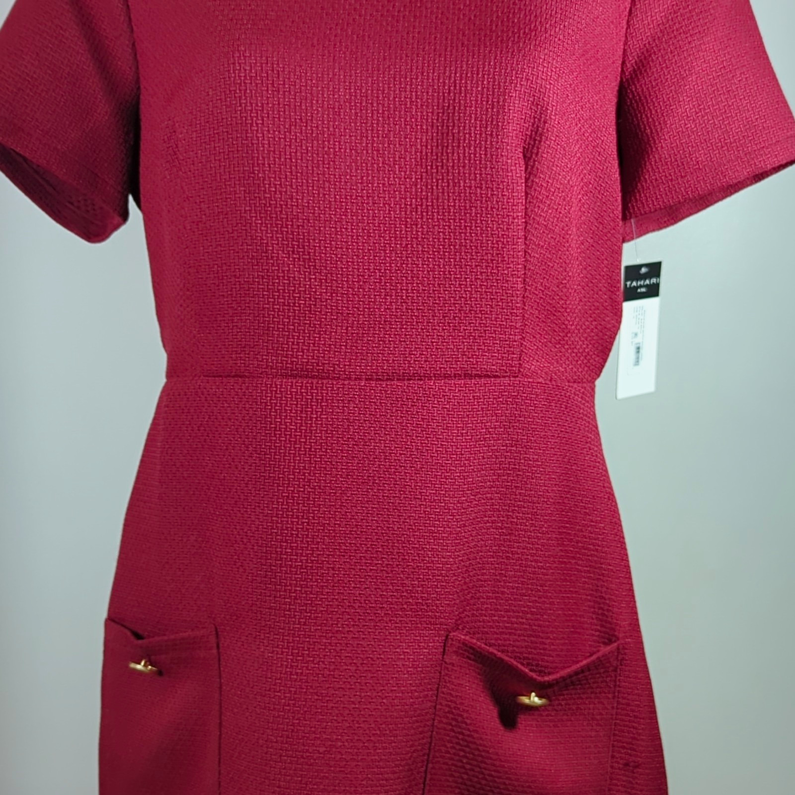NWT Tahari ASL Women\'s Burgundy Tweed Sheath Dress Short Sleeve Pockets size 10