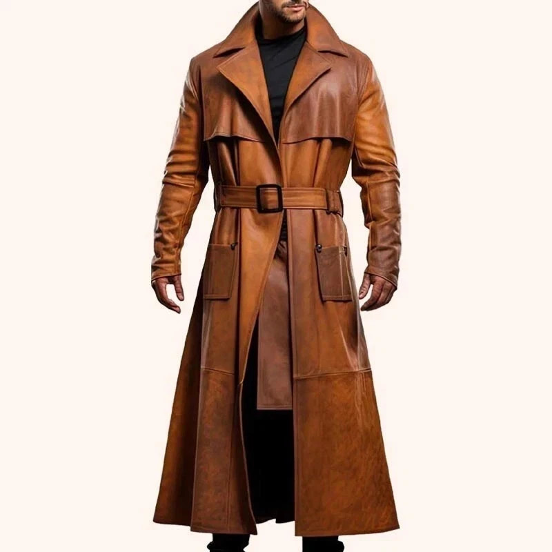 Men\'s Brown Long Duster Coat – Handmade Genuine Sheep Leather Winter Trench Coat