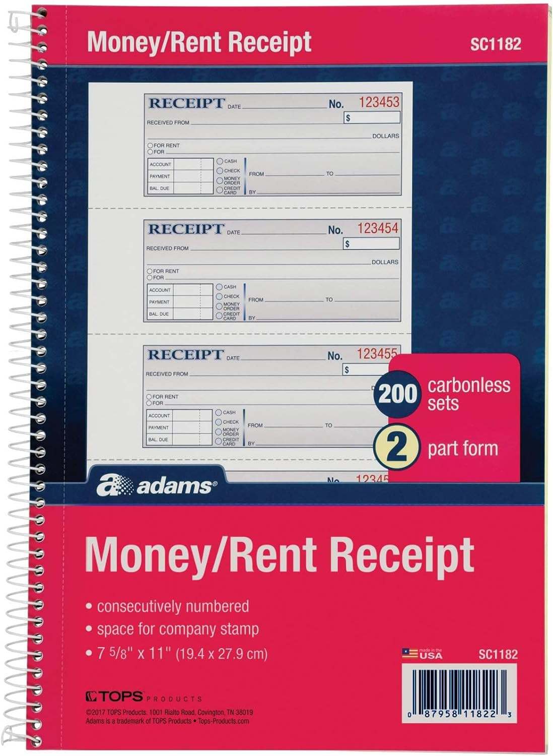 Money and Rent Receipt Book 2 Part Carbonless 7  5/8 X 11 Spiral Bound...
