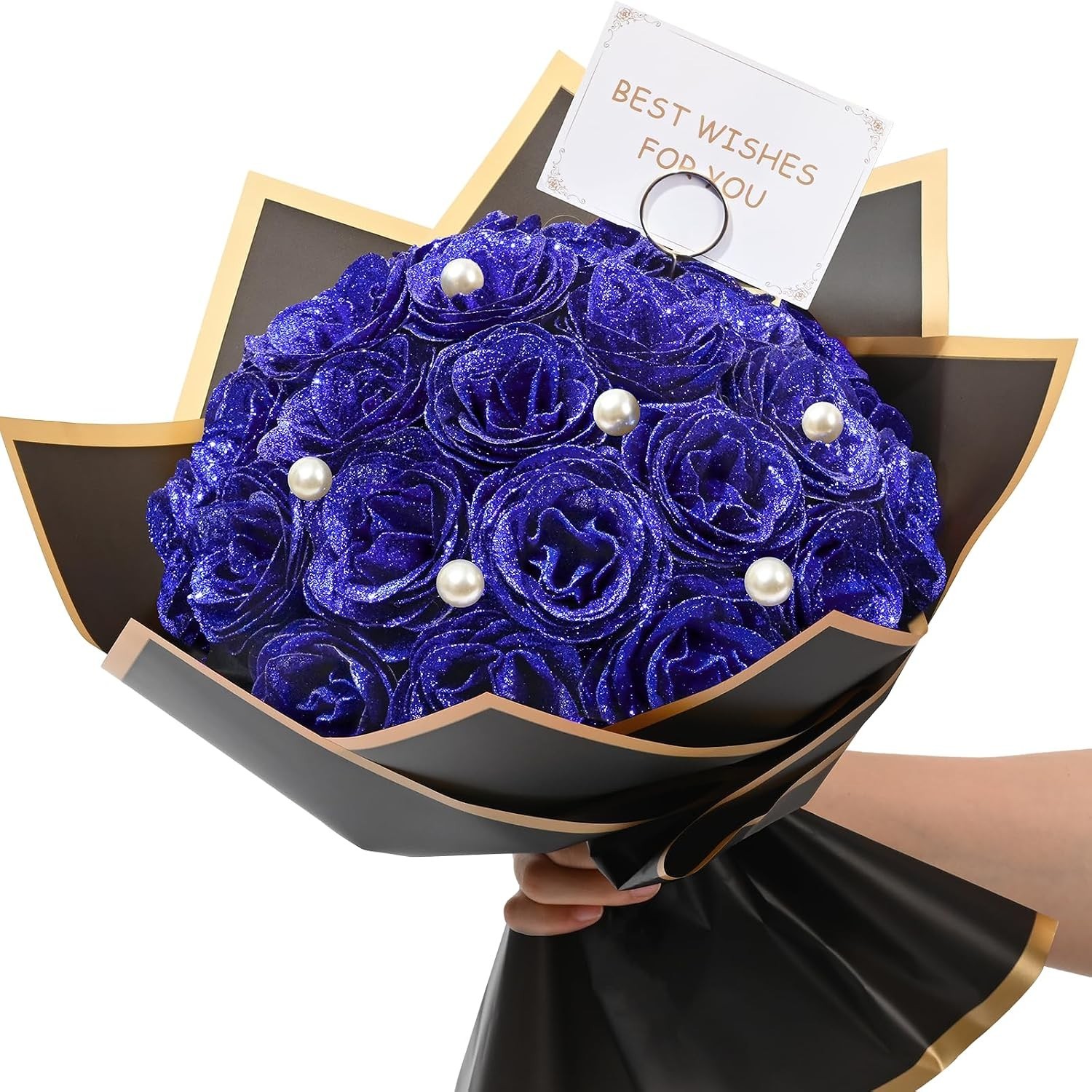 Waipfaru Blue Glitter Roses Bouquet, DIY Fake Flowers 24pcs,