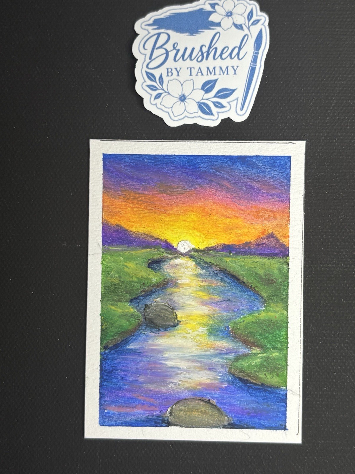 ACEO Original Sunset Landscape River Mountains Oil Pastels by BrushedByTammy