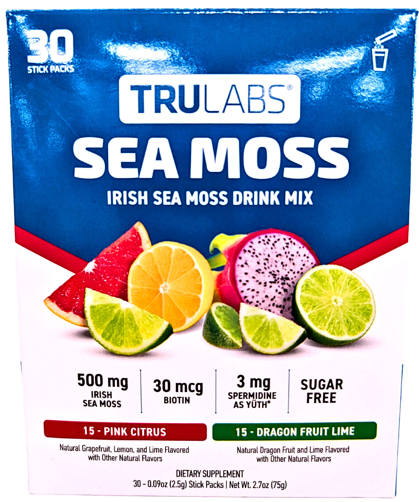 TruLabs Sea Moss Drink Mix Powder Pink Citrus and Dragon Fruit Lime 30 Ct ED7/27