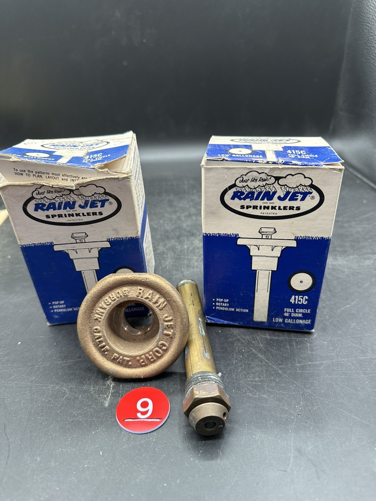 2 RAIN JET SPRINKLERS BRASS NO 415C LAWN 46\' Diameter Circle VINTAGE NIB IN BOX 2 RAIN JET SPRINKLERS BRASS NO 415C LAWN 46\' Diameter Circle VINTAGE NIB IN BOX