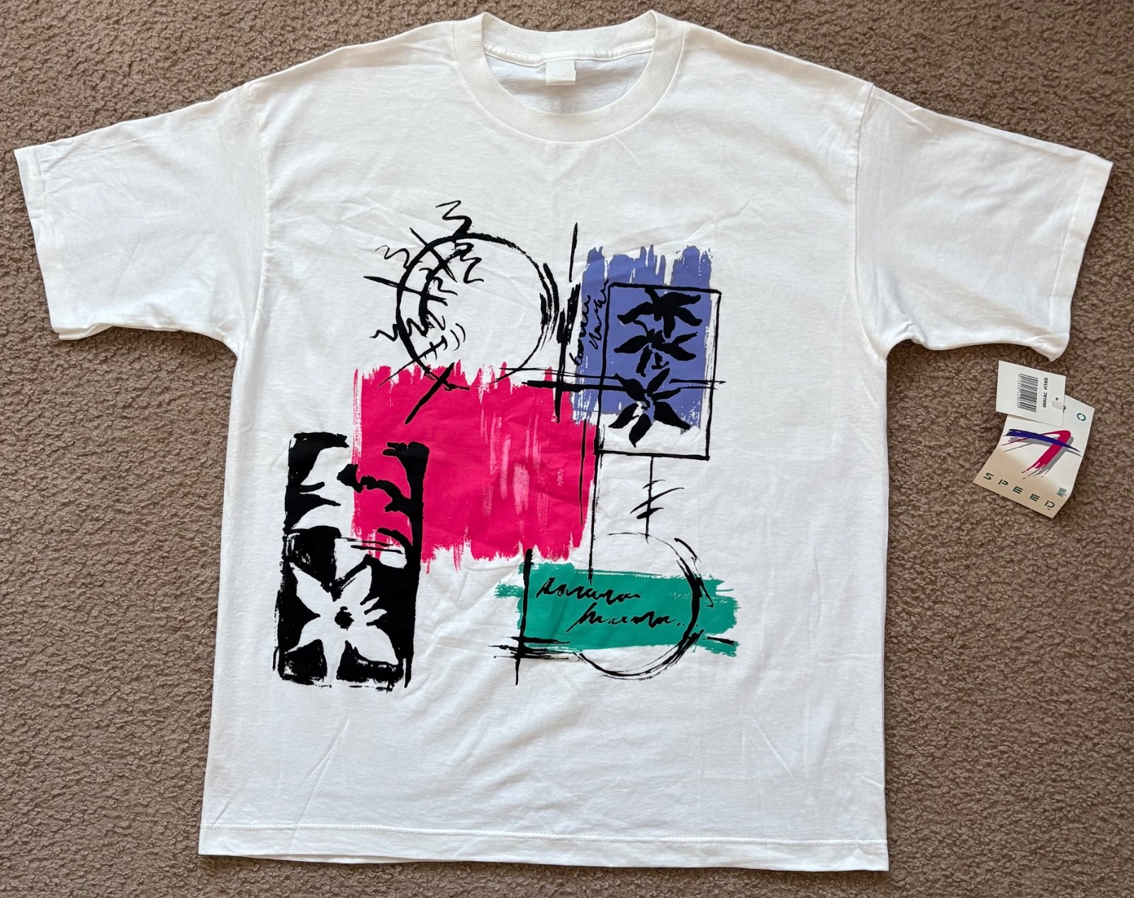 VTG 80’s 90’s men Floral Art Deco Single Stitch Graphic T-Shirt One Size USA NWT