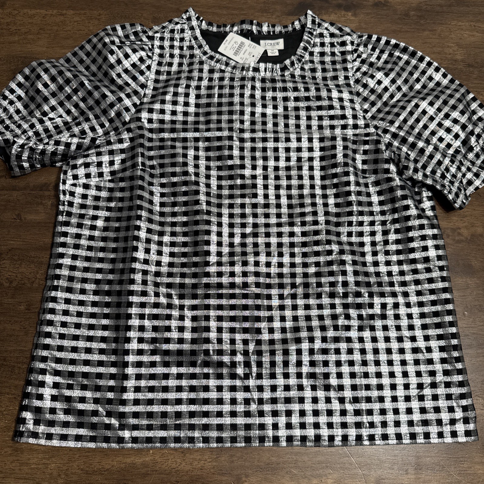 J.CREW Women\'s Gingham Puff Sleeve Blouse Black Silver Short Sleeve Size M NWT J.CREW Women\'s Gingham Puff Sleeve Blouse Black Silver Short Sleeve Size M NWT