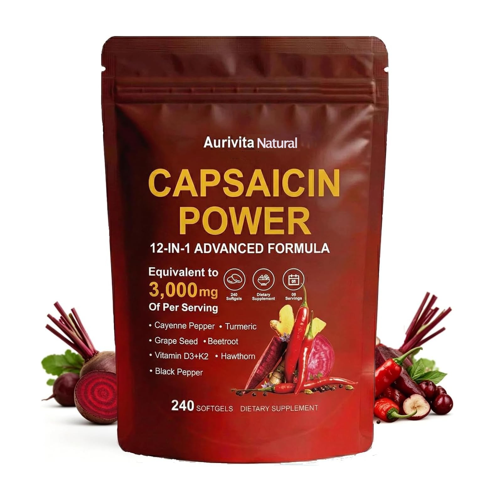 Capsaicin Softgels,aurivita Capsaicin Power，with Vitamin E, D3+K2, 240 Capsules