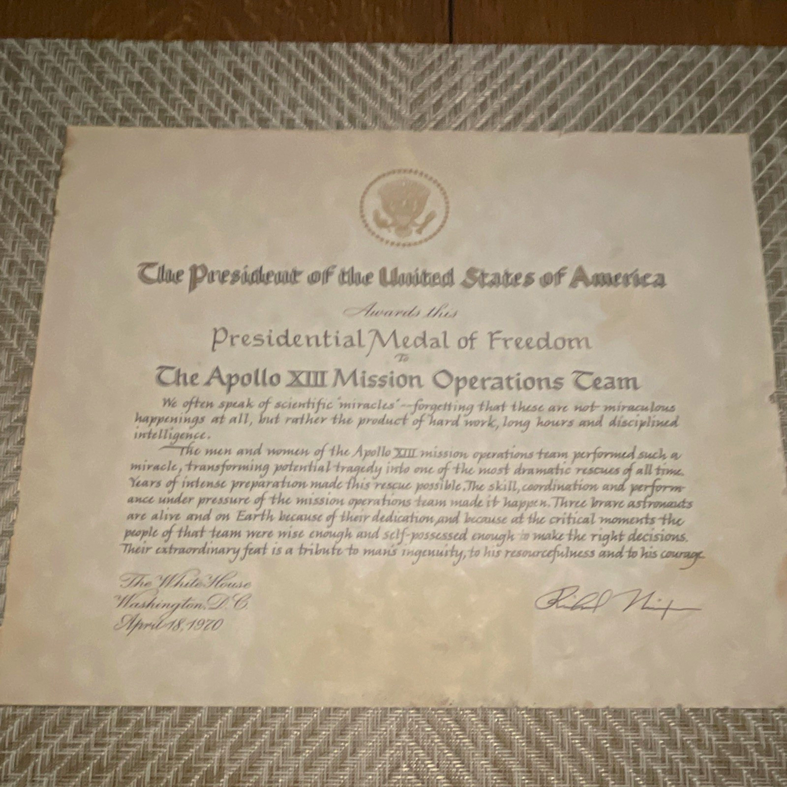 Apollo 13 Signed Presidential Medal of Freedom Certificate April 18, 1970 Apollo 13 Signed Presidential Medal of Freedom Certificate April 18, 1970
