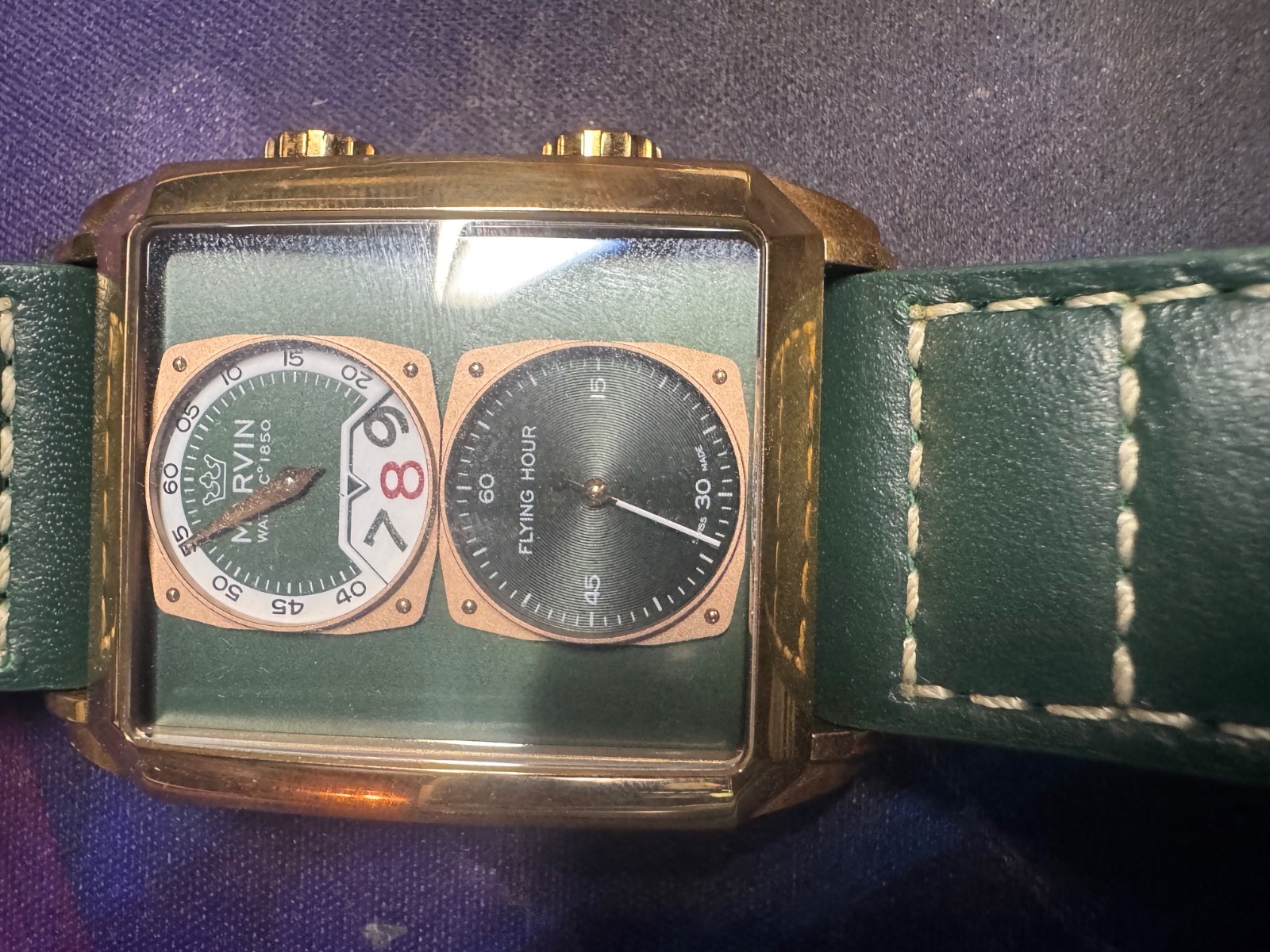 Marvin Rectangular Flying Hour Quartz Rose Gold Green Dial / Leather M024-14