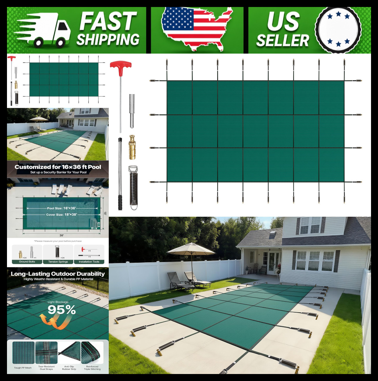 VEVOR 16 x 36 ft Inground Pool Safety Cover, Winter Mesh, Rectangular VEVOR 16 x 36 ft Inground Pool Safety Cover, Winter Mesh, Rectangular