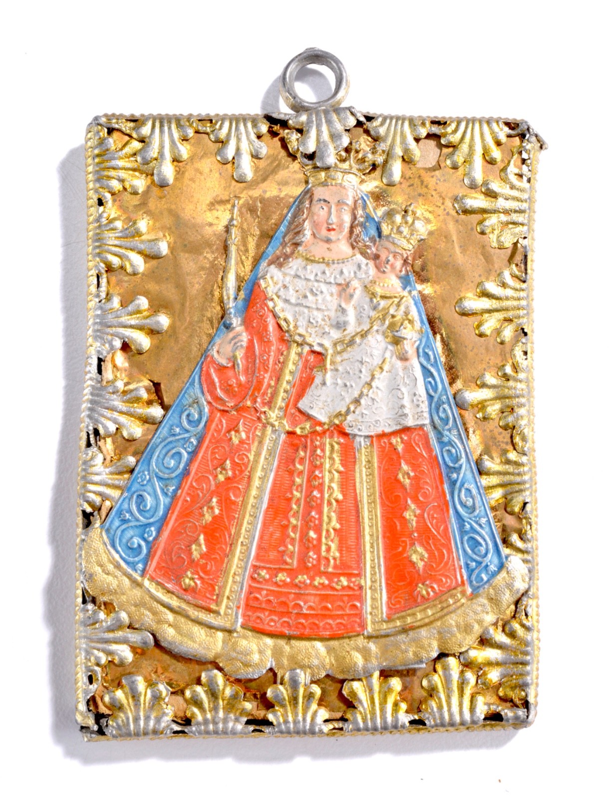 Vintage 19th ca. Orthodox Icon Pendant - Painted Gold Virgin Mary & Jesus Christ