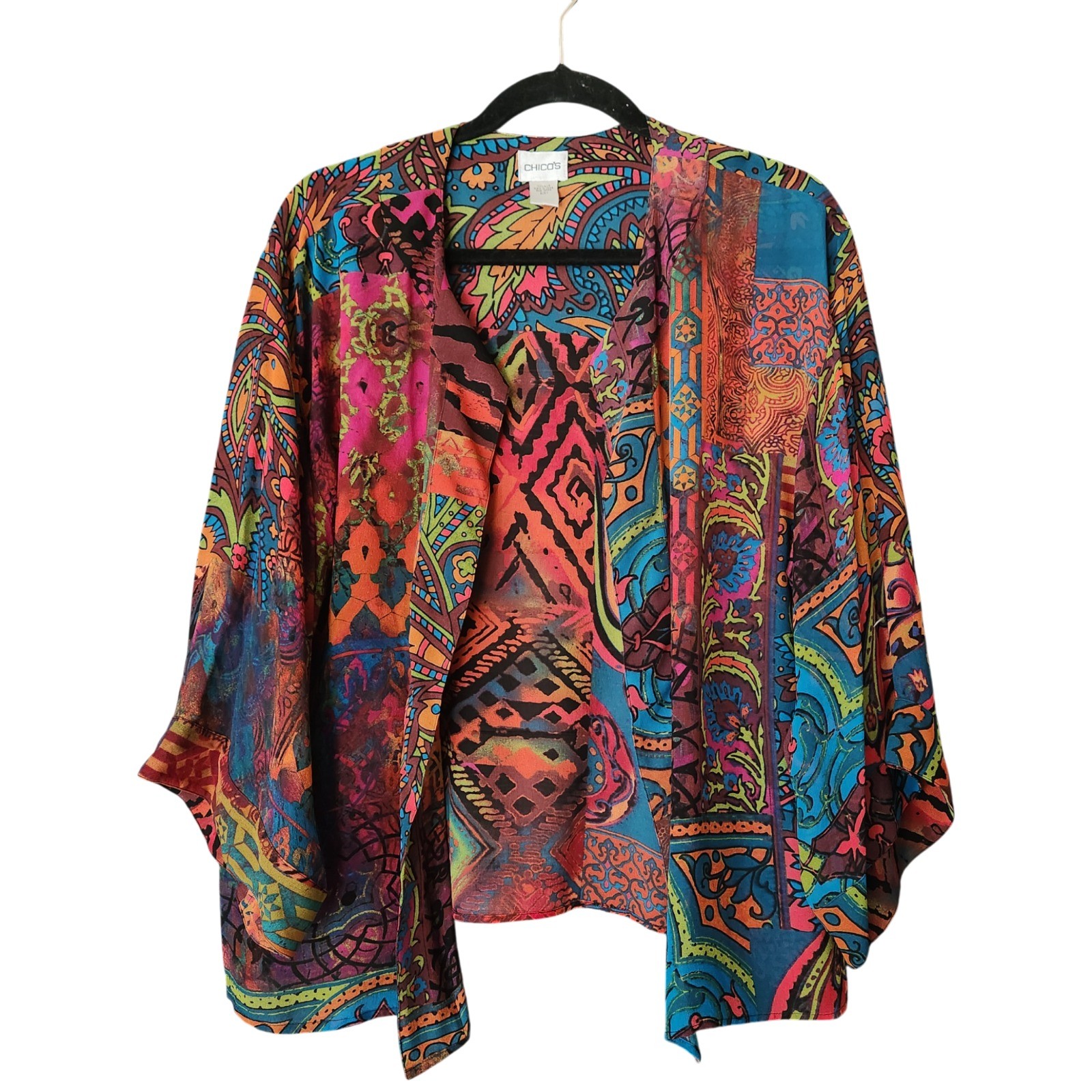 Chicos Women\'s 1 M 8 Boho Abstract Sheer 100% Silk Kimono Cardigan Top Coverup