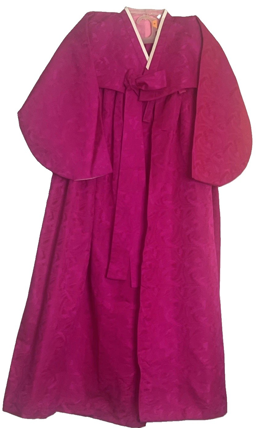 ⁠Vintage Hand Sewn Silk Korean Hanbok Jeogori Chima Dress Magenta Brocade Small⁠