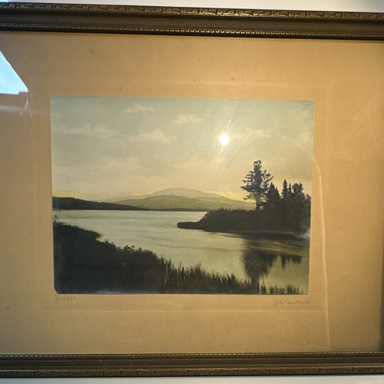 J. C. Bicknell Signed Framed Realism Landscape Painting \'Twilight\', Lake, Trees