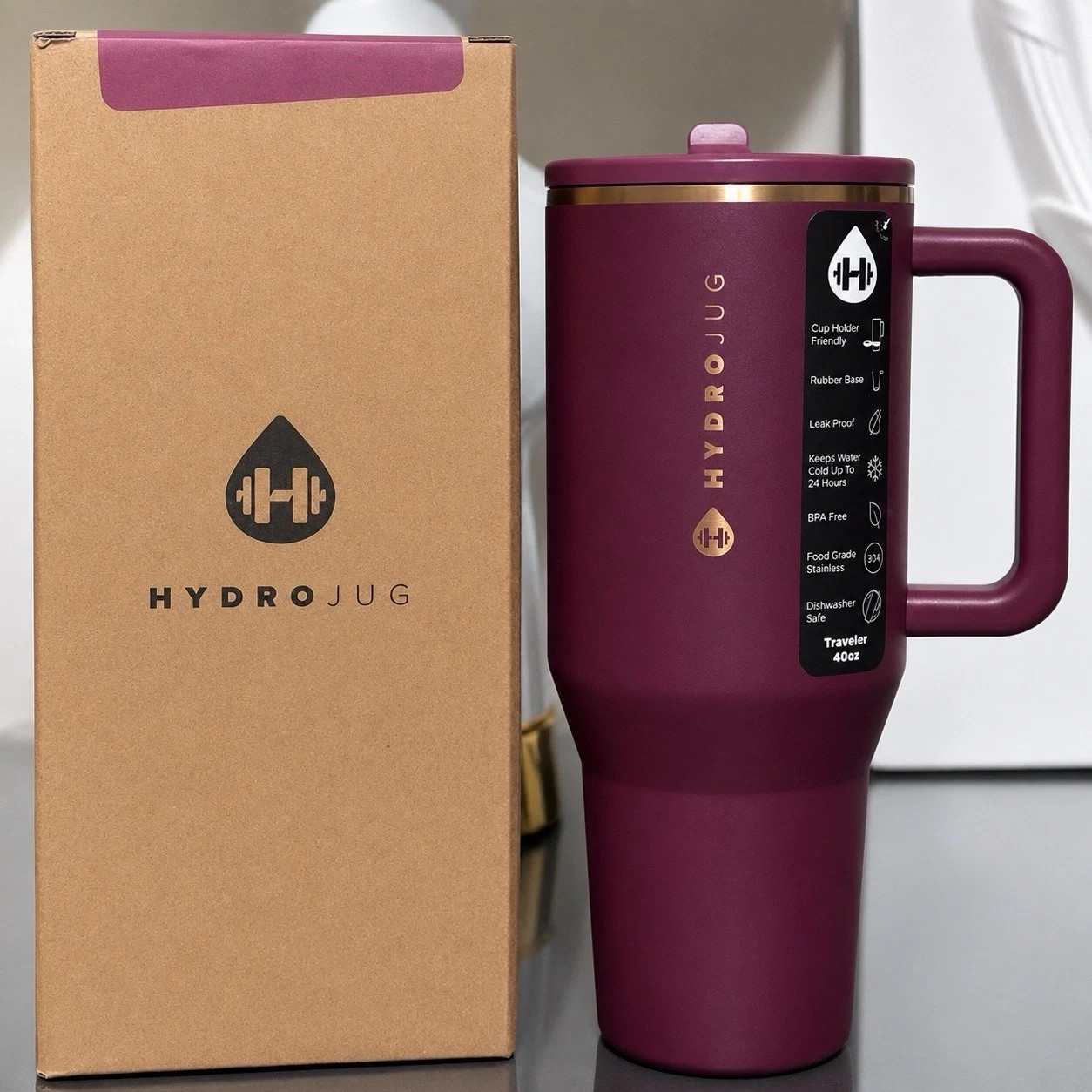 Authentic HydroJug Merlot Traveler Tumbler 32oz Handle Straw Cup w/ Box