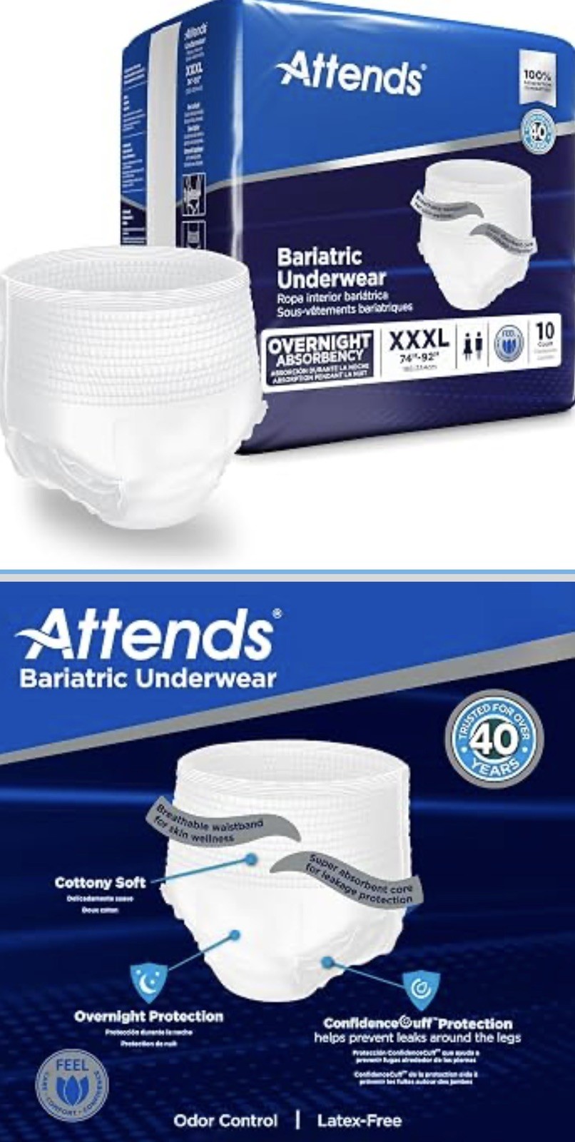 Attends Bariatric Underwear  XXXL Overnight 40 count case 4 10count packs