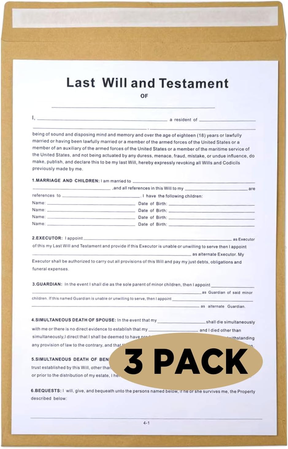 Last Will and Testament Kit,  Simple Will Forms – Includes3 Blank Forms, 1 Guide