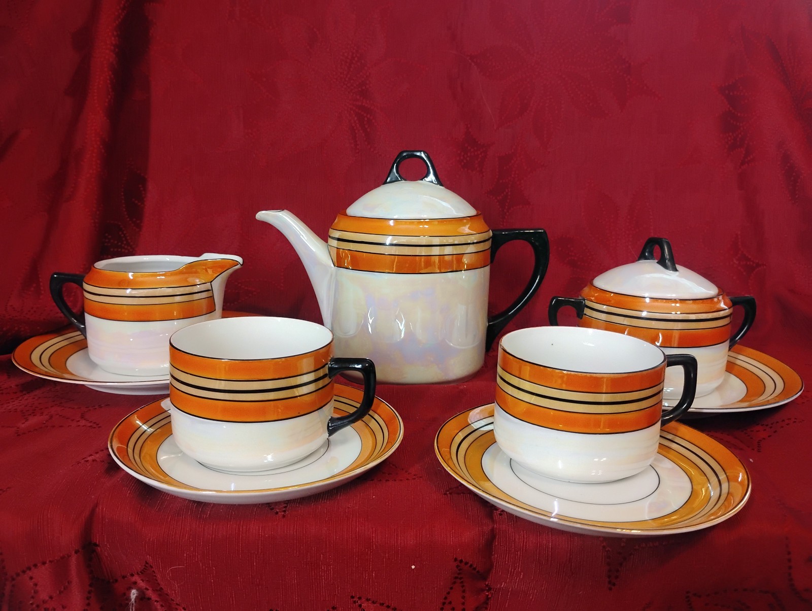Rudolf Wachter Pearl and Orange Lusterware Tea Set, Teapot, Cups, More -9 - Pcs