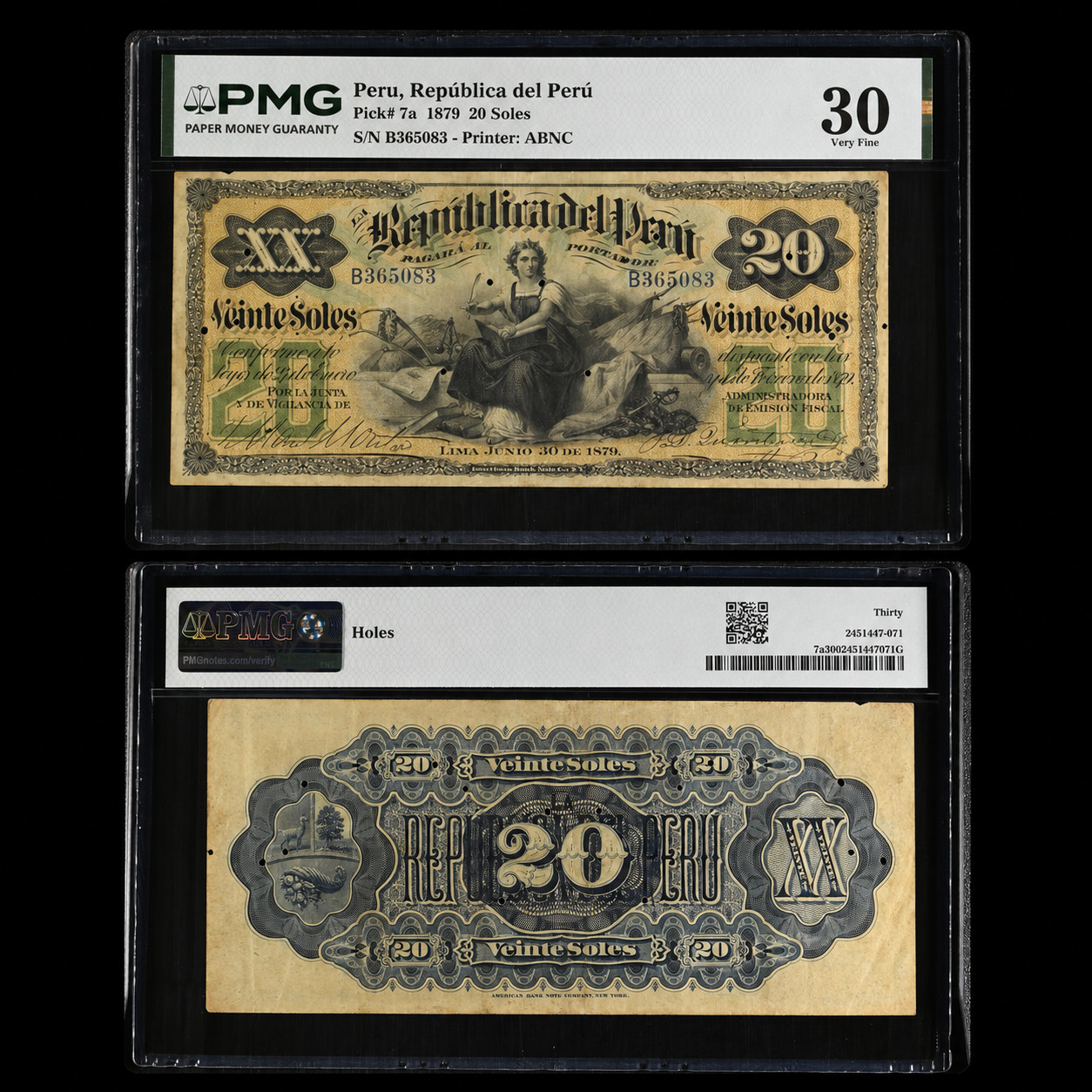 Peru, 1879 20 Soles, Republica del Peru, Pick# 7a, Bank Note. Peru, 1879 20 Soles, Republica del Peru, Pick# 7a, Bank Note.
