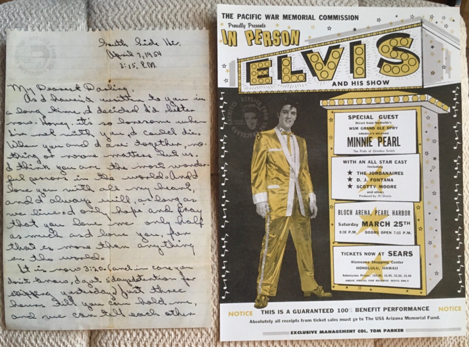 ELVIS PRESLEY SOUVENIR ~ COPY OF DIXIE’S LOVE LETTER ~ COPY OF HAWAII CONCERT