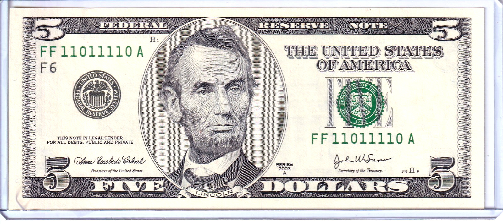 2003-A $5 Federal Reserve Note UNCIRCULATED 0/1 True Binary #FF11011110A
