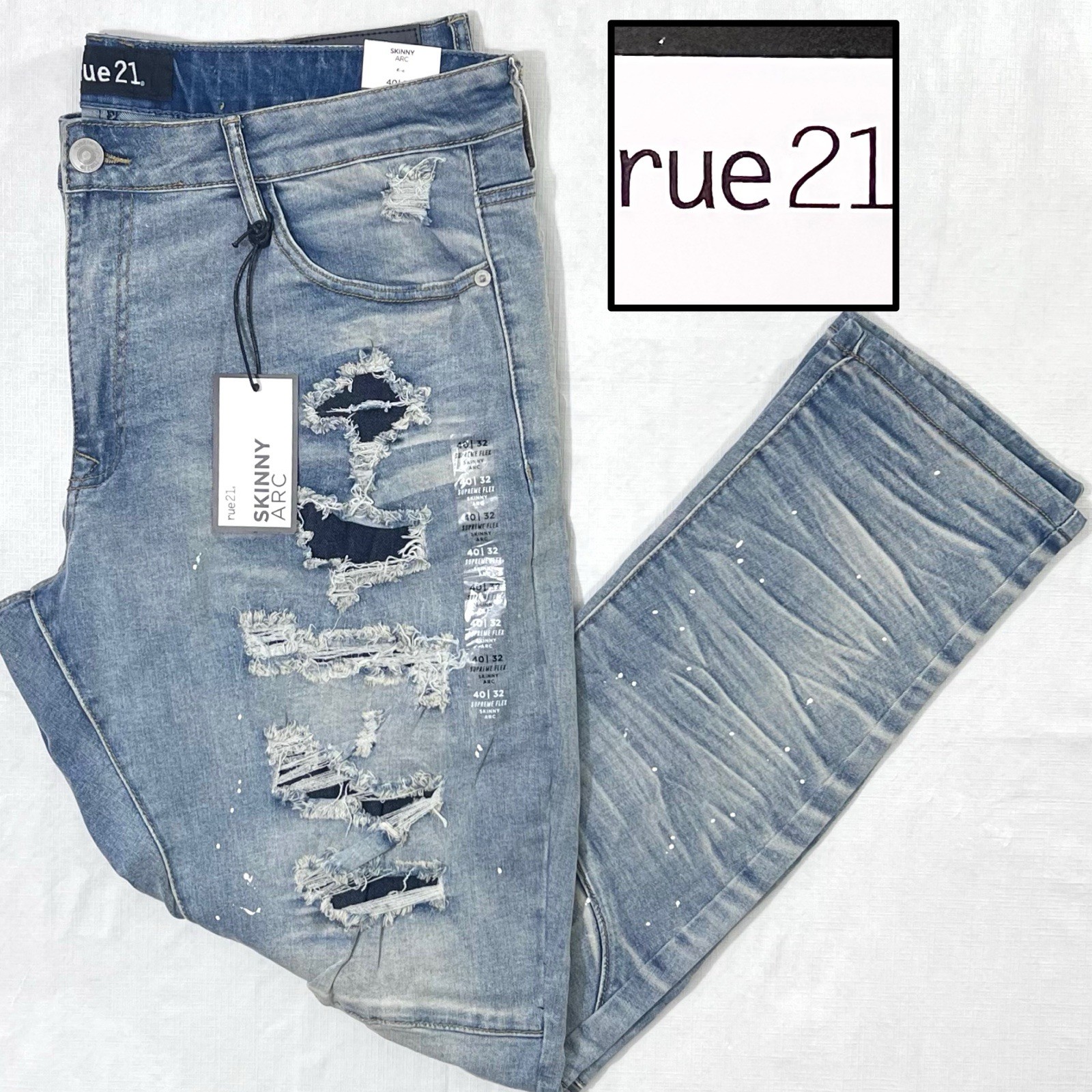 Sz 40x32 NWT RUE21 Men’s Supreme Flex Skinny Arc Distressed Denim Jeans Pants