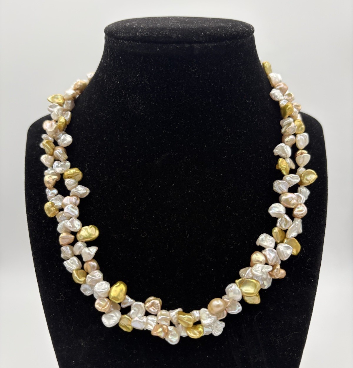 Vintage Freshwater Gold Pink White Keshi Pearl Double Strand Necklace 17.5”
