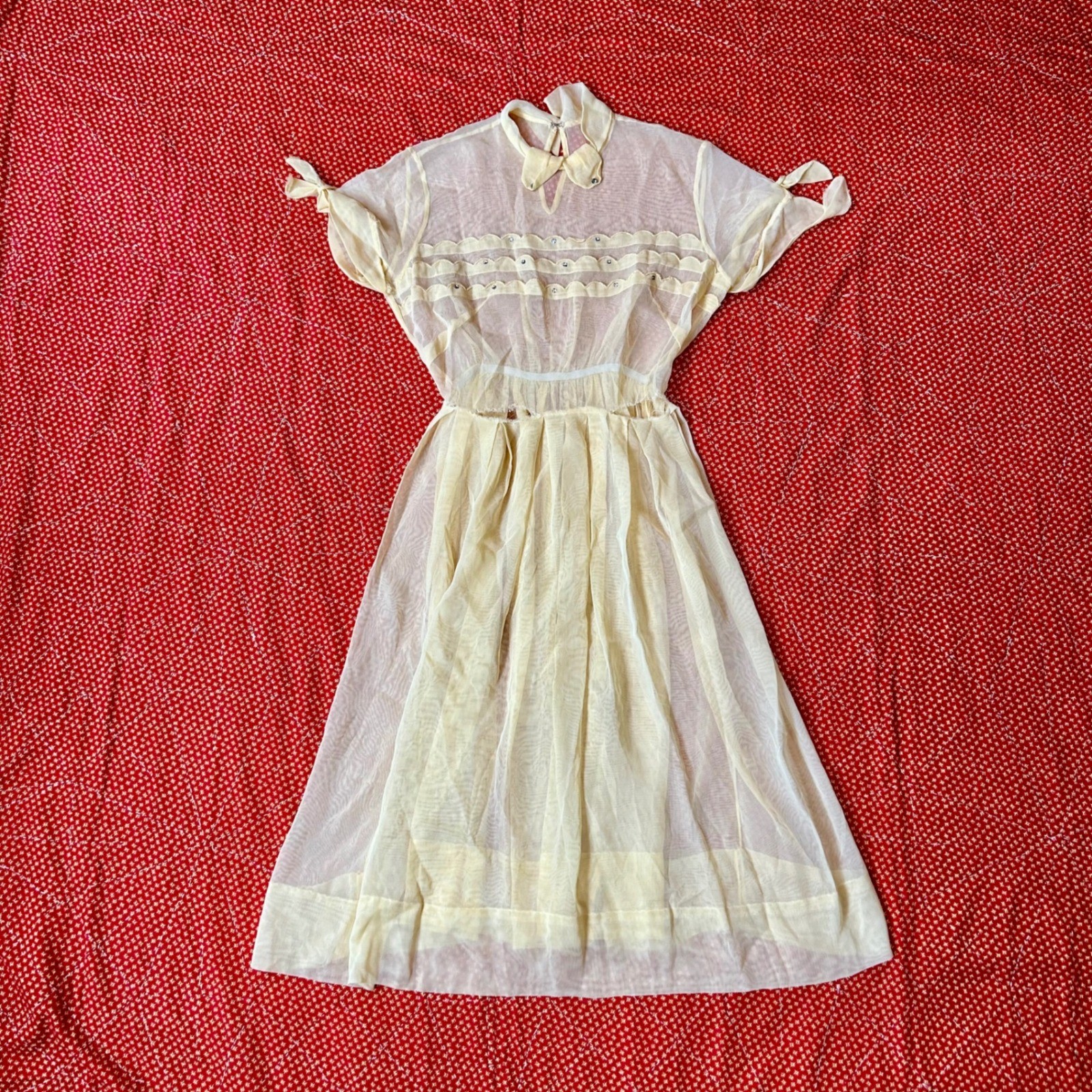 Vintage antique 1940s Sheer Yellow Dress Scalloped Rhinestone day dress