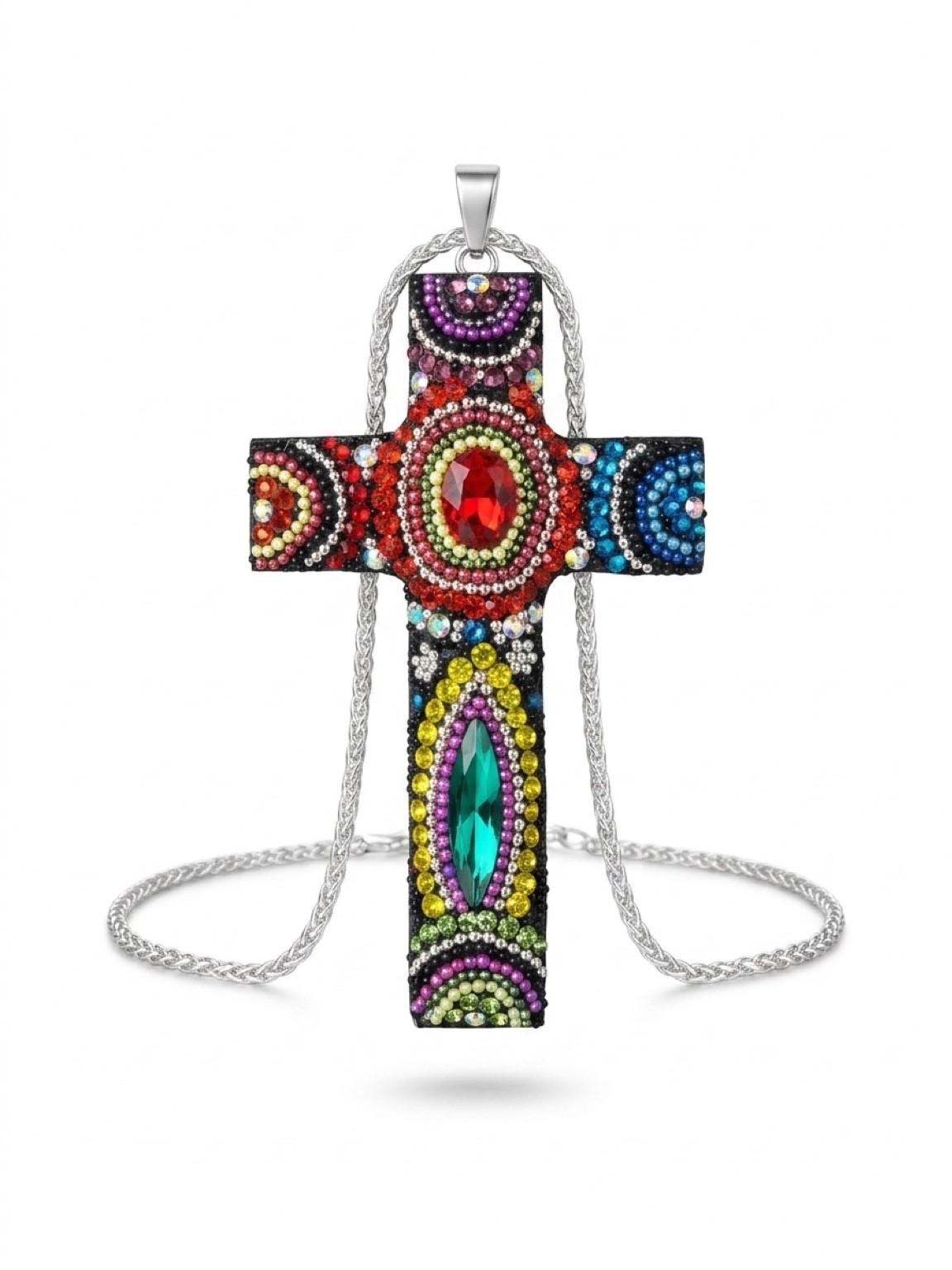 SILVER - HOLY CROSS - Necklace with Colored Glass Beads Made In Mexico 12” Chain